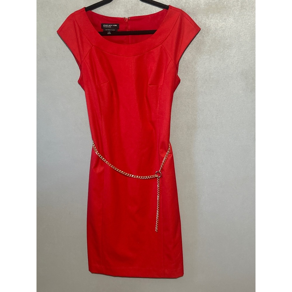 Jones New York Collection Tomato Red Stretch Sheath Dress with Gold Chain Belt 8 - Picture 2 of 8